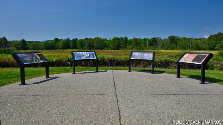Wayside exhibits about the Battle of Bemus Heights at Stop 5 on the Saratoga Battlefield Tour, Saratoga National Historical Park