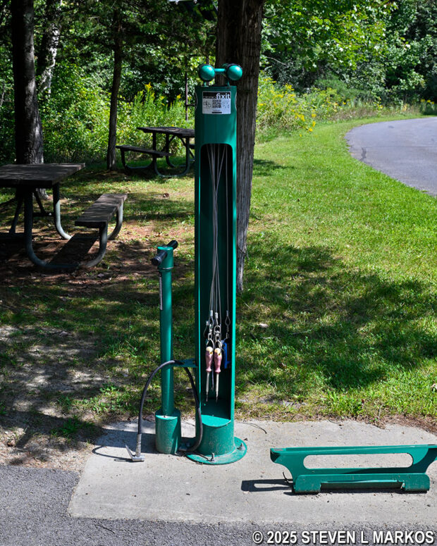 Bicycle repair station and picnic tables at the Breymann Redoubt, Saratoga National Historical Park