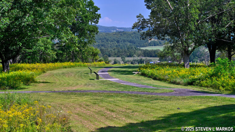 Path from the parking lot to the exhibit area at Stop 10 on the Saratoga Battlefield Tour, Saratoga National Historical Park