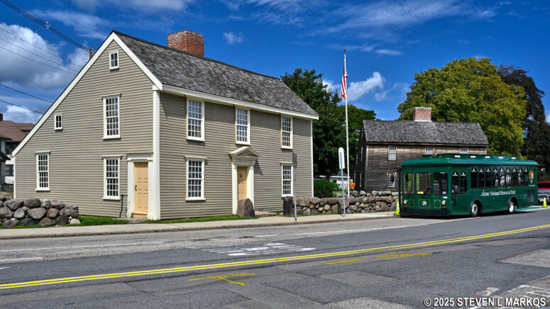 Park shuttle bus arrives at John and John Quincy Adams' birth homes at Adams National Historical Park