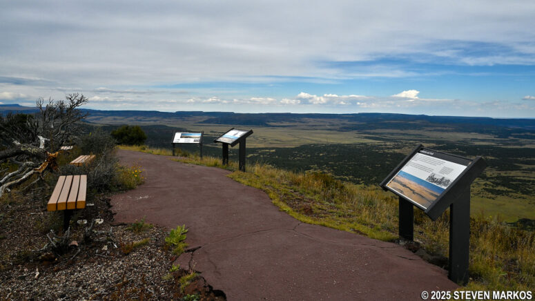 Wayside exhibits and benches at the summit of Capulin Volcano on the Crater Rim Trail, Capulin Volcano National Monument