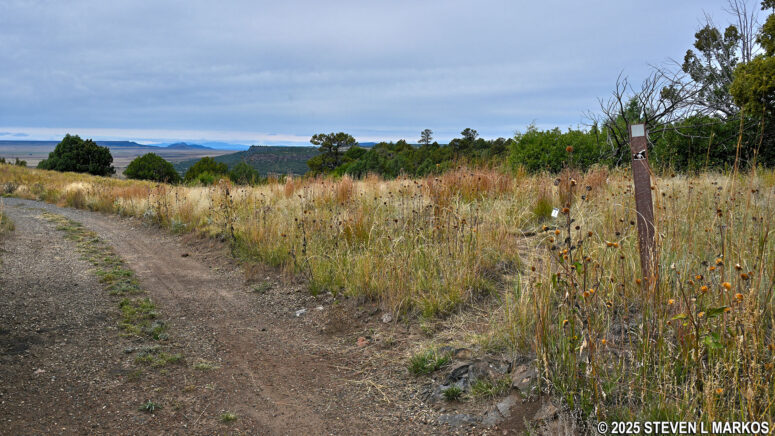 Fork where the Boca Trail splits from the road at Stop 1, Capulin Volcano National Monument