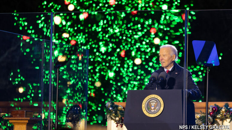 President Joe Biden lights the National Christmas Tree at the 2024 National Christmas Tree Lighting, Dec. 5, at The White House and President's Park (Photo by National Park Service / Kelsey Graczyk)