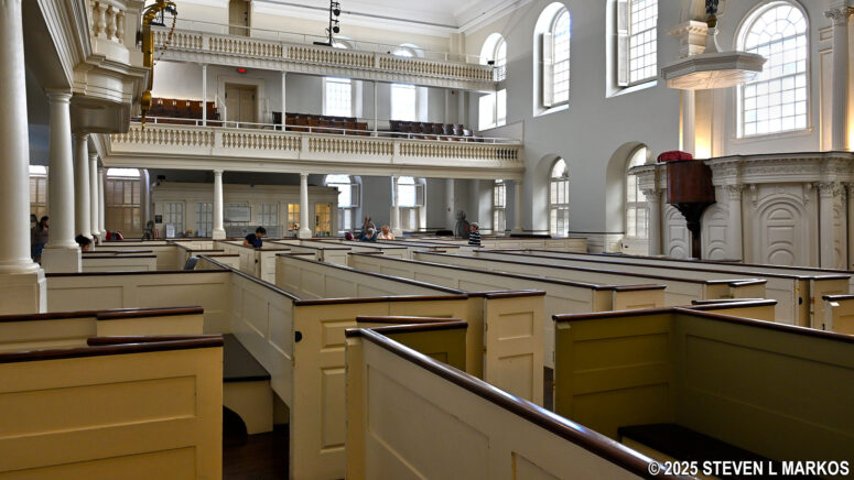 Lower-level pews and balcony seating in Boston's Old South Meeting House