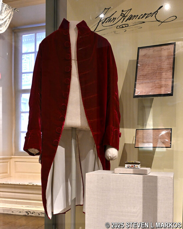 Coat and waistcoat that belonged to John Hancock on display at the Old State House Museum in Boston