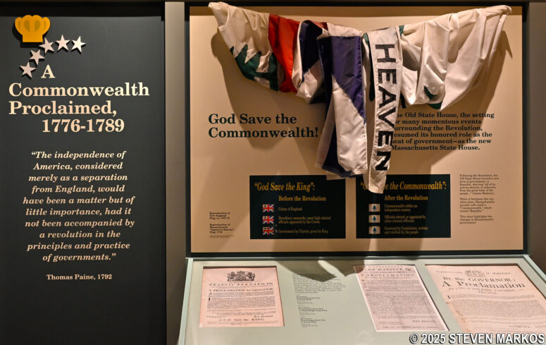 Exhibit at the Old State House Museum with reprints of pre-and post-Revolution government proclamations