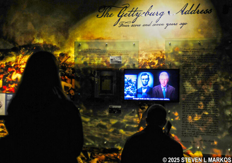 Visitors at the Ford's Theatre Museum watch a video about Lincoln and the Gettysburg Address, Ford's Theatre National Historic Site
