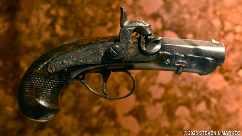 .44-caliber Derringer pistol used to kill Abraham Lincoln on display in the museum at Ford's Theatre National Historic Site