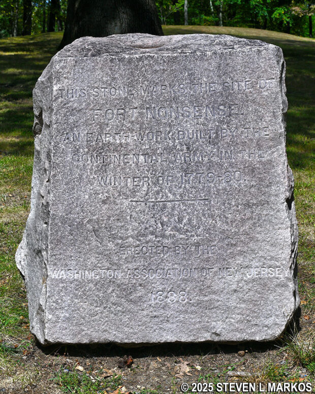 Stone marker placed by the Washington Association of New Jersey in 1888 on the site of Fort Nonsense, Morristown National Historical Park