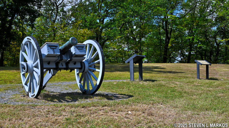 Cannon and wayside exhibits at the site of Fort Nonsense, part of Morristown National Historical Park
