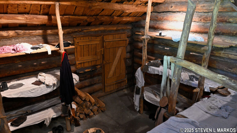 Interior of a typical log hut used by soldiers for winter encampments during the American Revolution on display in the Jockey Hollow Visitor Center at Morristown National Historical Park