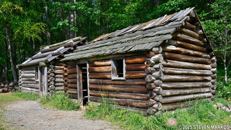 Two remaining replica soldier huts from the 1960s at the Pennsylvania Line Encampment Site, Morristown National Historical Park