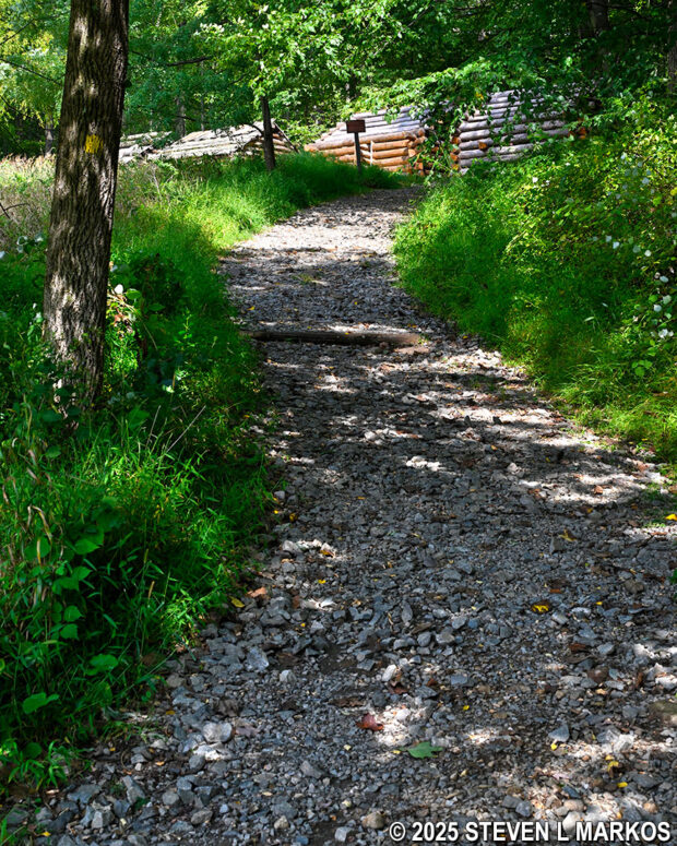 Steep hill to the replica soldier huts at the Pennsylvania Line Encampment Site in Morristown National Historical Park