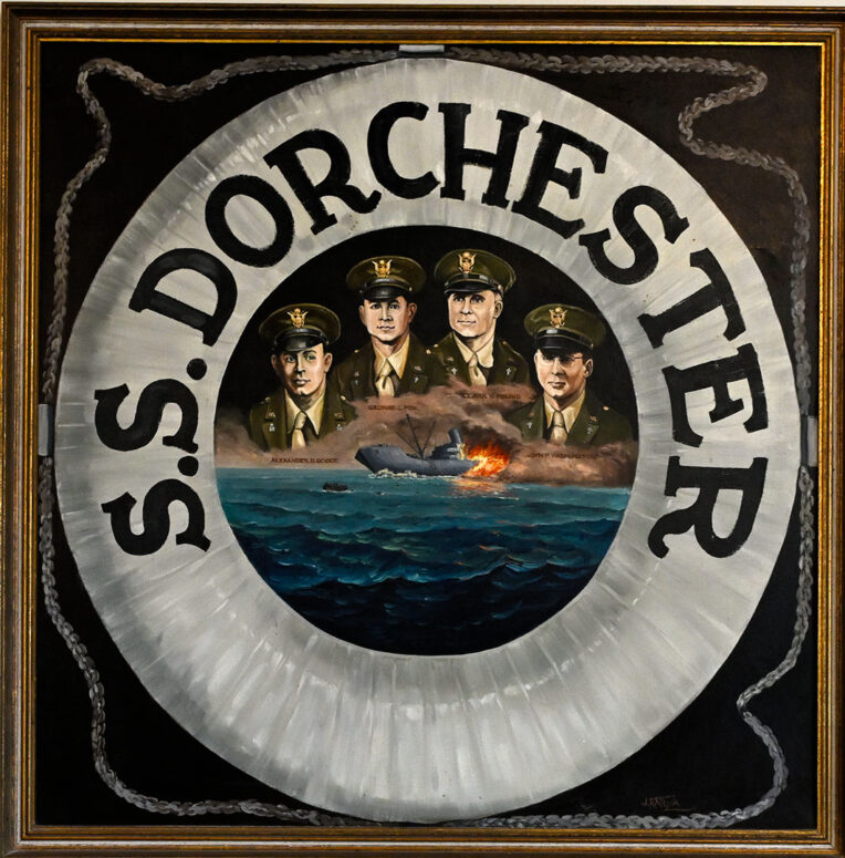 Painting of the four chaplains who died aboard the S. S. Dorchester during World War II hangs in the Seamen's Bethel in New Bedford, Massachusetts