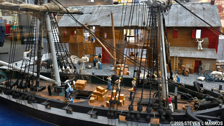Model of a ship docked at a wharf in Salem on display at the Salem Armory Visitor Center, Salem Maritime National Historical Park