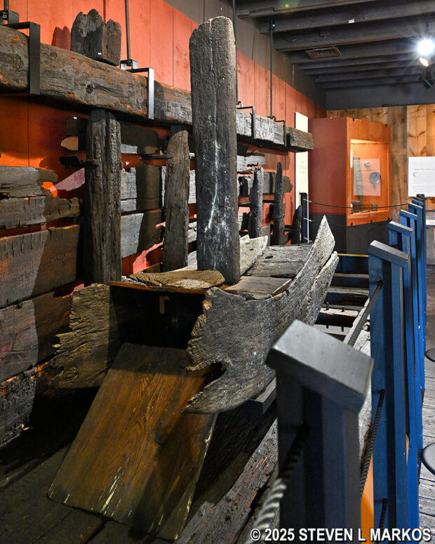 Remnants of one of the original Saugus Iron Works waterwheels on display in the Iron Works Museum