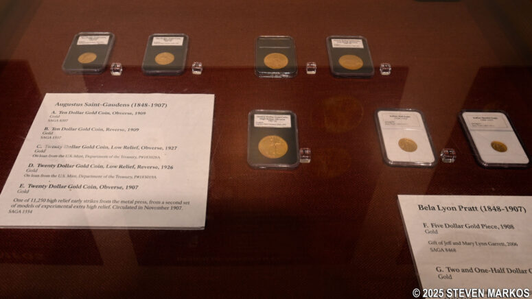 Saint-Gaudens-designed American gold coins on display in the New Gallery at Saint-Gaudens National Historical Park