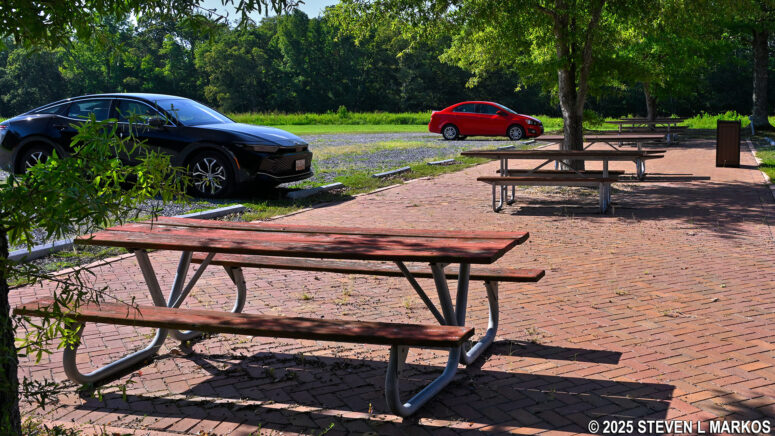 Shaded picnic area near the Visitor Center parking lot at Thomas Stone National Historic Site