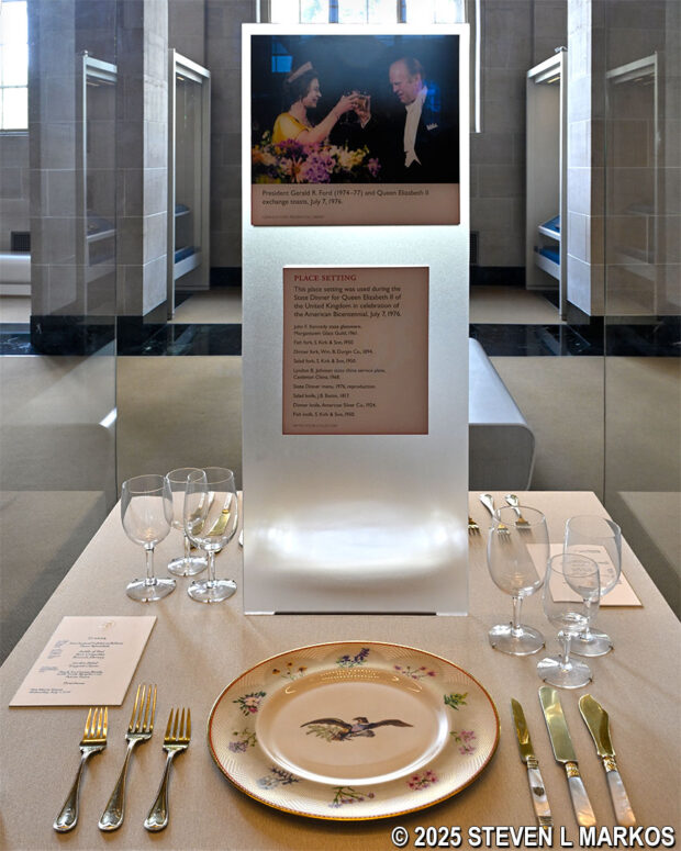 Place setting used to serve Queen Elizabeth during the American Bicentennial celebration in 1976 on display in the White House Visitor Center