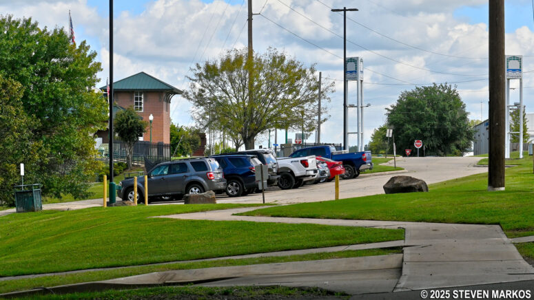 Riverfront Amphitheater parking lot at the northeastern end of the River Loop Trail outside the park boundary of Fort Smith National Historic Site