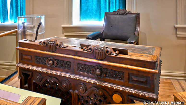 Judge Parker's desk and chair from his time in the House of Representatives are on display at the Fort Smith National Historic Site Visitor Center