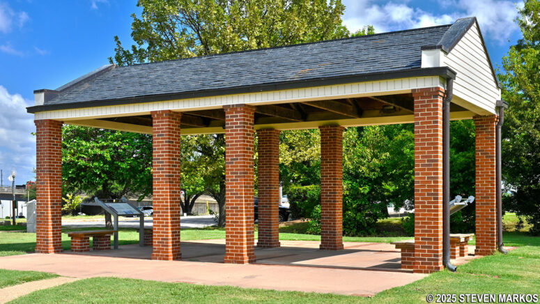 Modern structure marks the location of the former guardhouse and women's jail at Fort Smith, Fort Smith National Historic Site