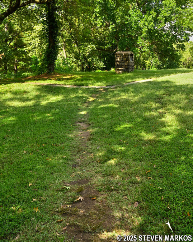 Path leading to historical markers atop Bastion 2 at the second Fort Smith, Fort Smith National Historic Site