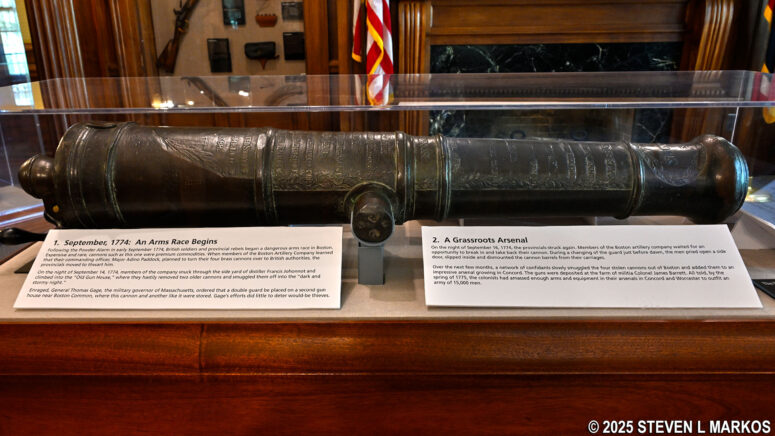 Cannon stored at the farm of James Barrett on display inside Minute Man National Historical Park's North Bridge Visitor Center
