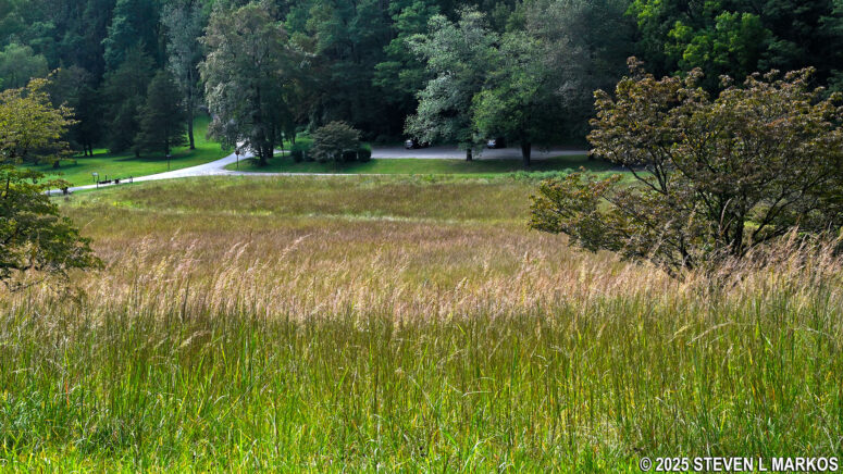 View of the Pennsylvania Line Encampment Site parking lot from the Soldier Hut exhibit, Morristown National Historical Park