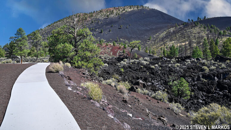 View of the Bonito Lava Flow and Sunset Crater from the Lava Flow Trail at Sunset Crater Volcano National Monument