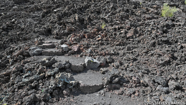 Steps leading to remnants of a Sinagua-style pit house on the Lava Flow Trail at Sunset Crater Volcano National Monument