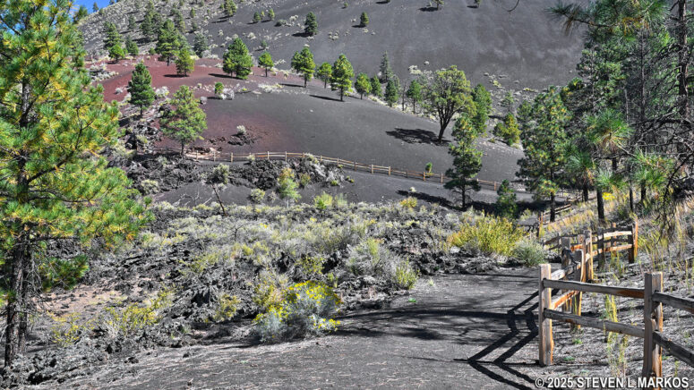 Path of the Lava Flow Trail following along a wooden fence at Sunset Crater Volcano National Monument