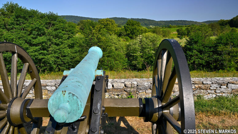 Confederate cannon aims towards Union soldiers at the Burnside Bridge, Antietam National Battlefield