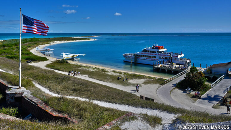 Great view of Dry Tortugas National Park's Garden Key and Bush Key from the top level of Fort Jefferson