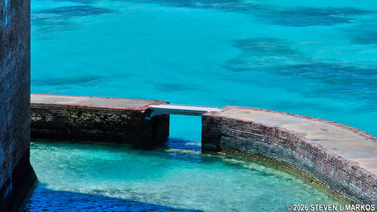 Footbridge across the sluice gap in the Fort Jefferson moat wall that was in place in 2015, Dry Tortugas National Park