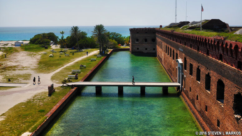 Line of sight from one bastion to the next along one side of the walls of Fort Jefferson on Garden Key in Dry Tortugas National Park