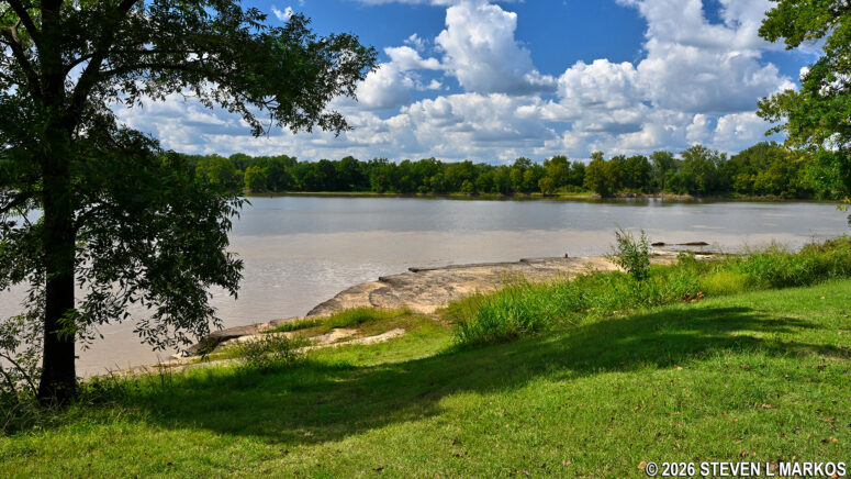 Embankment leading to the Arkansas River rock shelf on the River Loop Trail at Fort Smith National Historic Site