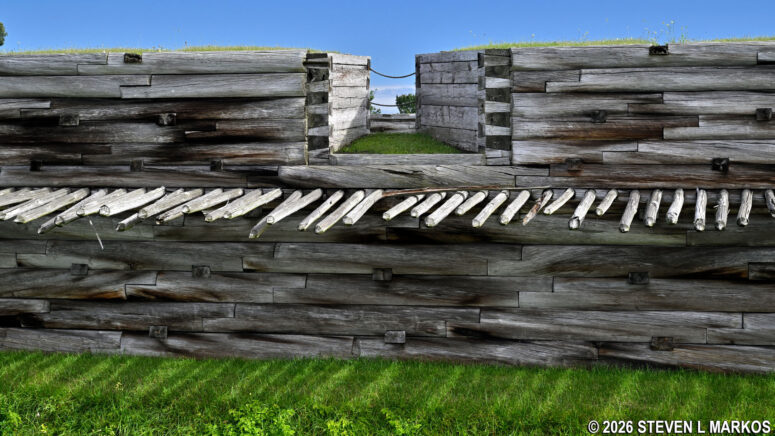An embrasure in the wall of Fort Stanwix and abatis protruding from the wall, Fort Stanwix National Monument
