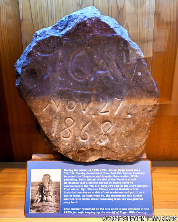 1890 marker commemorating the 7th Cavalry's role in the Battle of the Washita on display at the Washita Battlefield National Historic Site Visitor Center