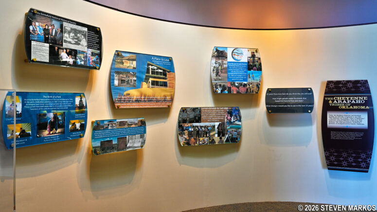 Information panels on the creation of the Washita Battlefield National Historic Site in the Visitor Center