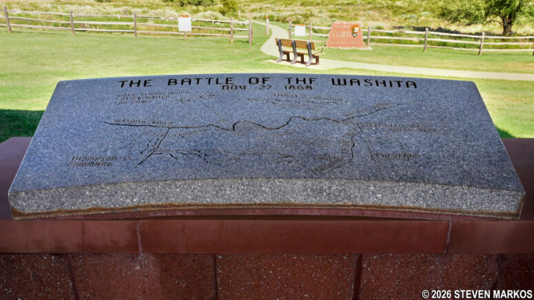 Granite engraved with Custer's attack plan at the Battlefield Overlook, Washita Battlefield National Historic Park