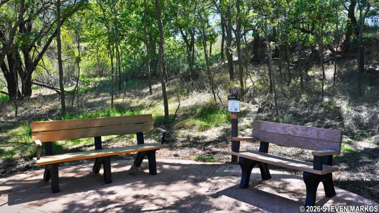 Benches at Stop 12 beside the Pony Kill Site on the Washita Battlefield Trail at Washita Battlefield National Historic Site