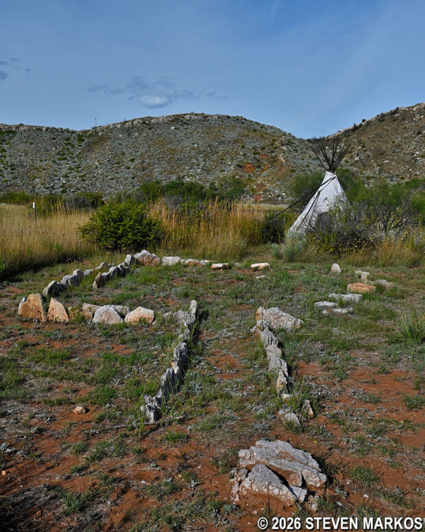 Replica stone foundation of an Antelope Creek pit house on the Mesquite Trail at Alibates Flint Quarries National Monument