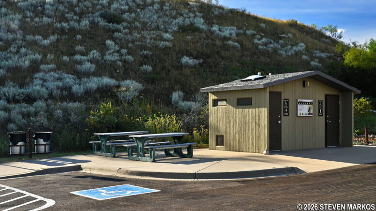Picnic tables beside the restrooms at Alibates Flint Quarries National Monument