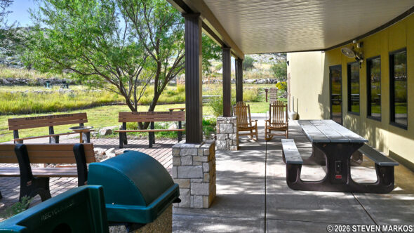 Wheelchair accessible picnic table on the side patio of the Alibates Flint Quarries National Monument Visitor Center