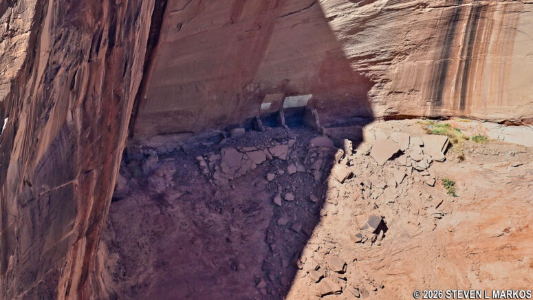 View of the left half of the Sliding House ruins from the Sliding House Overlook on South Rim Drive, Canyon de Chelly National Monument