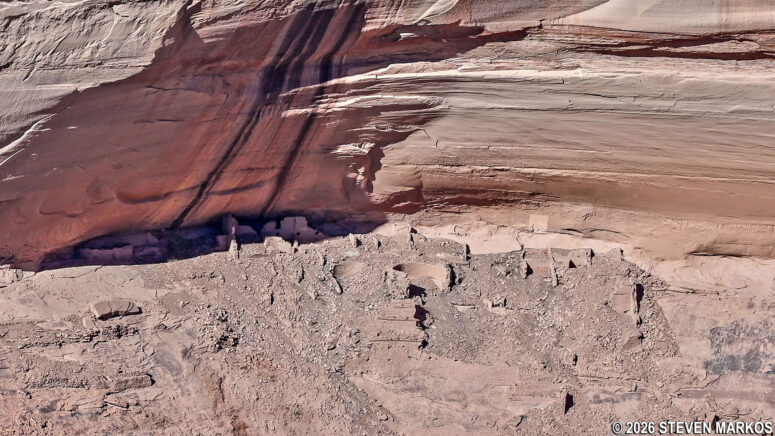 View of the right half of the Sliding House ruins from the Sliding House Overlook on South Rim Drive, Canyon de Chelly National Monument