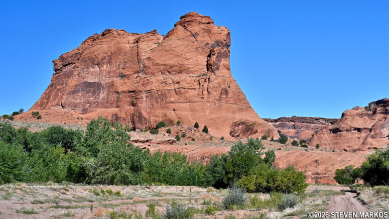 View of Dog Rock from the canyon floor at Canyon de Chelly National Monument
