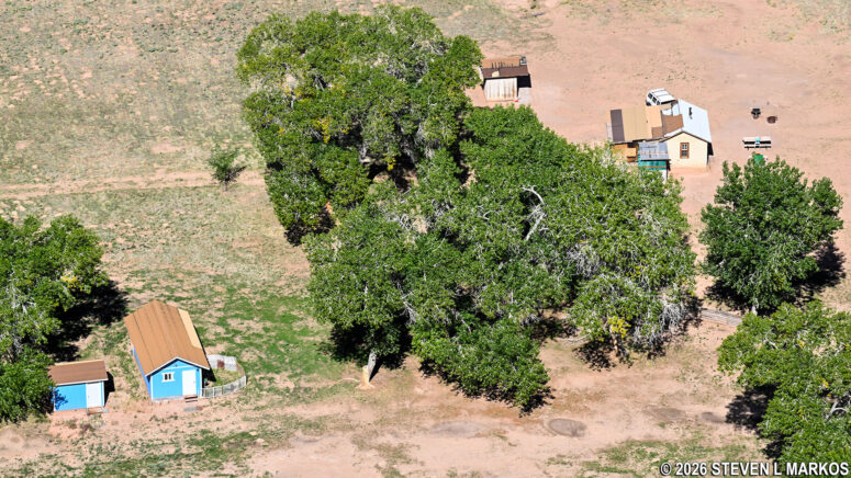 Navajo homestead on the canyon floor at Sliding House Overlook on the South Rim Drive, Canyon de Chelly National Monument