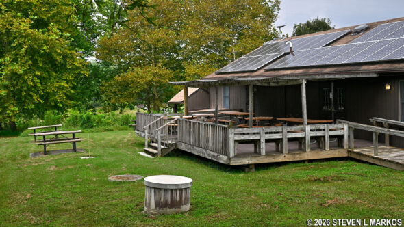Picnic tables behind the Manassas National Battlefield Park headquarters building at Stuart’s Hill